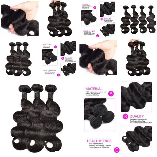 Acessórios para o cabelo beijo Humanloose wav yaki 3 pacotes de 10-26 polegadas Virgem brasileira Remy reto Deep Curly Body Wave Natural Color Black Otfrn