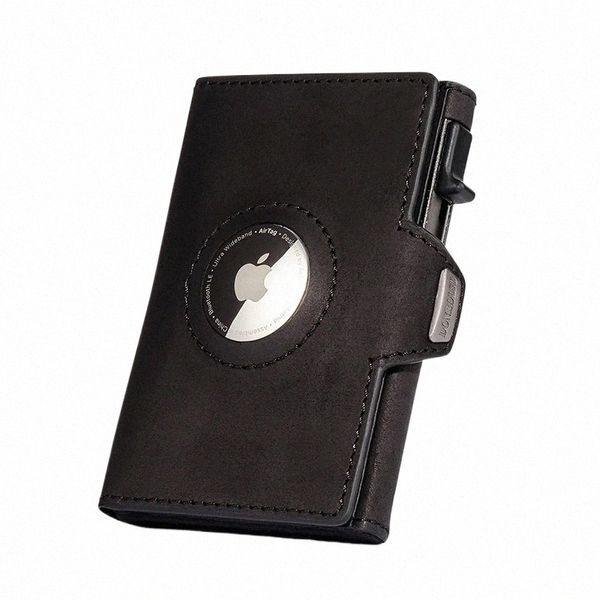 Crazy Horse Skin Wallet Herren minimalistische Ultra -Dünnmetall -RFID -Kartenhalter Luft -Tag -Abdeckung F35B#