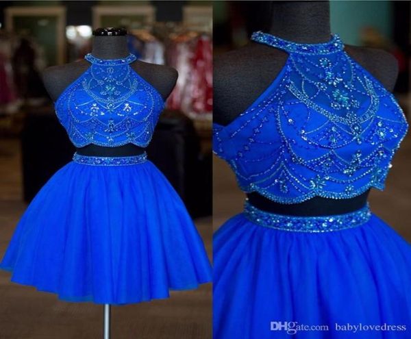 Veri abiti da ritorno a casa POS Blu Cristalli di perline Halter Due pezzi Abiti da festa formali con cerniera di strass