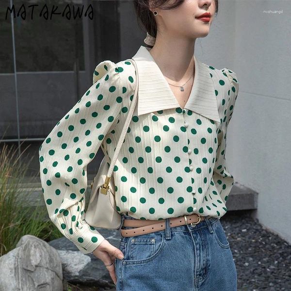 Blusas femininas matakawa chiffon mulheres tops puff manga bolka dot primavera outono sweet blusas mujer verde elegante camisetas coreanas