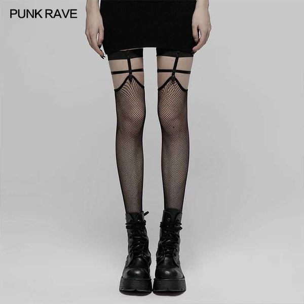 Meias sexy punk rave feminino punk crânio rebite quente garota escura de joelho preto gaze meias sexy de borracha elástica evite deslizamento 240416