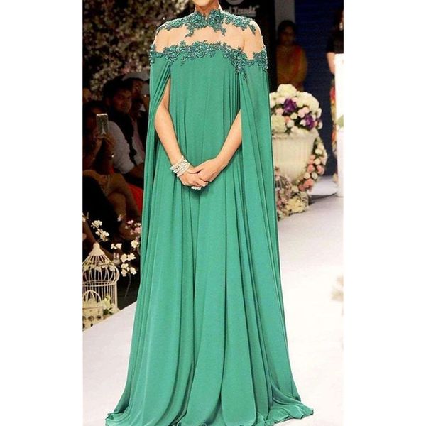 Elegante arabischgrüne lange Abendkleider Umhang Ärmel Spitzen Applikationen Illusion High Neck Chiffon Formal Anlasskleid für Frauen 2024 sexy Abschlussballkleid