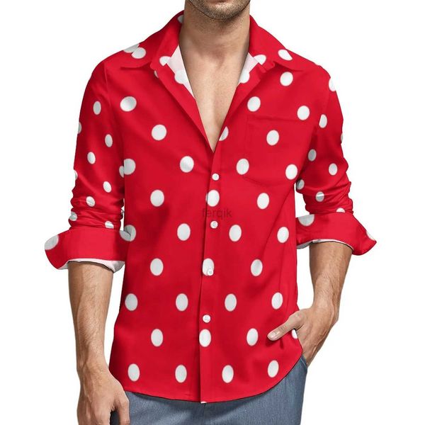 Camisas casuais masculinas vermelhas com bolinhas brancas camisa de camisa de pontas manchas de círculos de rua blusas gráficas de estilo de rua 24416