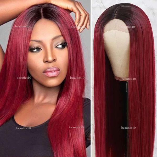 Ombre sintético reto e sedoso de 24 polegadas para enterrar a peruca frontal de renda resistente ao calor vermelho para mulheres negras Kanekalon Hair