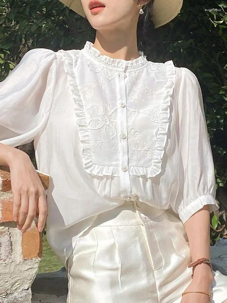 Frauenblusen Gypsylady französische elegante schicke Bluse -Hemd Blumenstickerei Sommer Frauen Puffärmel Dünne Büro Damen Top -Shirts Top -Shirts