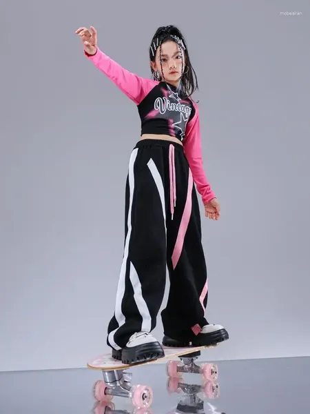 Одежда наборы девушки хип -хоп мода толстовка контрастирует на свободные брюки девушки на улице уличная одежда детская уличная танцевальная одежда Детская джазовая костюм