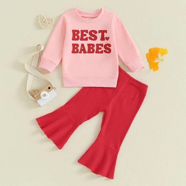 Set di abbigliamento per bambini bambino San Valentino Giornate Spesa dolce Felpa piena di pantaloni svasati per la stampa del cuore rosso set