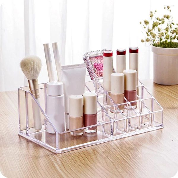 Caixas de armazenamento 16 Organizador de maquiagem da grade Transparente Batom Box Poliship Lip Gloss Stand Stand Rack Rack Cosmetic Jewelry Case