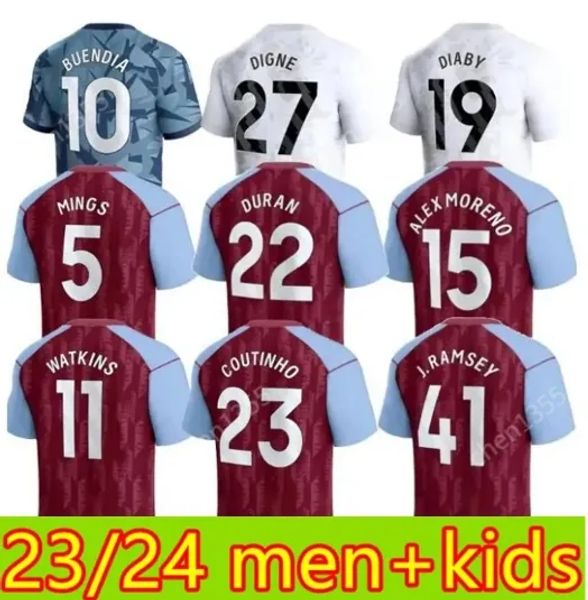 23 24 Maglie da calcio Daby Kit Kid Home 2023 2024 Aston Villas Shirt da calcio che allena fuori dai fan Versione giocatore Kamara Camisetas Mings McGinn Watkins Maillot Foot