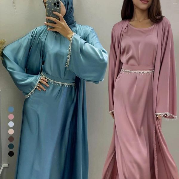 Roupas étnicas Eid cetim aberto abaya miçangas quimono abayas muçulmanas para mulheres dubai elegante para festa de peru vestido de noiva islam