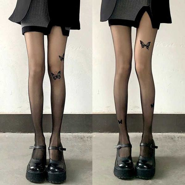 Calzini sexy in stile giapponese trasparente calze alte alte calze estive sexy farfalla stampati fatti tatuaggi da tatuaggi invisibili leggings 240416