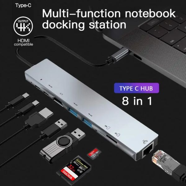 Hubs USB HUB Docking Station USB C HDMICompatible USB3.0 MULTIHUB Dock birkaç bağlantı noktası Taşınabilir USBC Dizüstü MacBook için