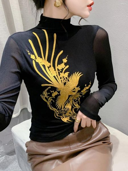 Женские футболки T-рубашки S-4XL Футболка сетки Женщины Turtleneck