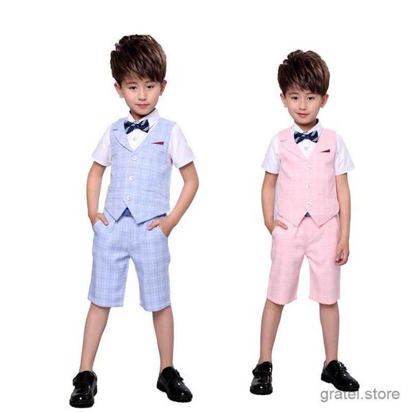 Anzüge hochwertiger 2pcs Weste+Shorts Kinder Jungen Sommerkleidung Sets Neue Gentleman Kinder Hochzeitsfeier tragen karierte formelle Anzüge