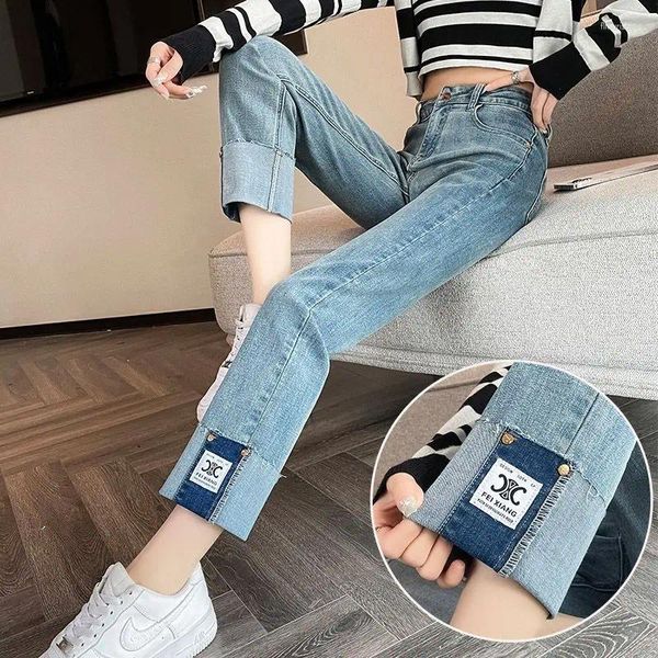 Jeans femminile arricciata in denim alto elastico alto elastico ribaltato da 9 pollici a tubo dritto aderente pantaloni tuboli di fumo