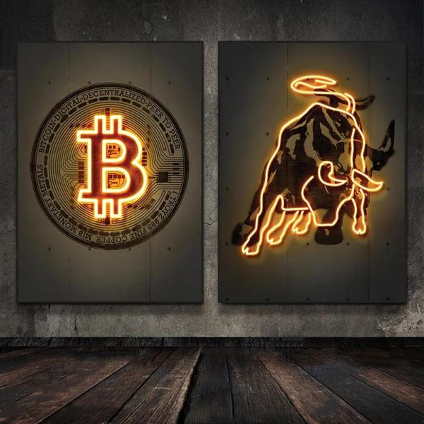 Néon imprime os pôsteres de bitcoin de ouro da parede abstrato de gado de gado pintando imagens de parede