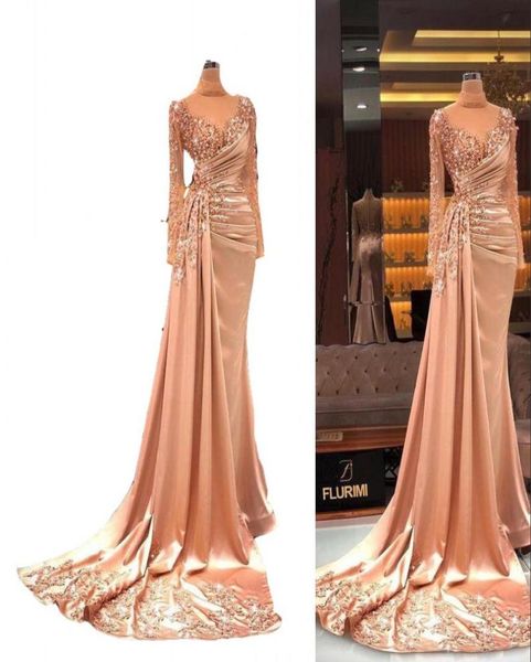 2022 luxuriöser Erröten rosa sexy Abendkleider Tragen hoher Nacken Illusion Kristall Perlen Langarm offenen Rücken Prom Kleider Party PAG7742184