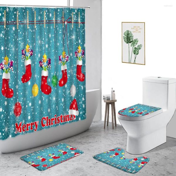 Duschvorhänge 4pcs Vorhang Set Schöne Weihnachtskugellock Santa Claus Snowflake Nicht-Schlupfteppiche Toilettendeckel Deckel Badematten Badezimmerdekoration