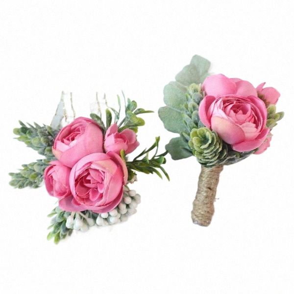 MELDEL BOUTNIERE BREAM CORSAGE BRIDAL -Handgelenk Corsage Rose Armband Pink Orange Künstliche Seide Sasanqua FR Hochzeitsbedarf L104#