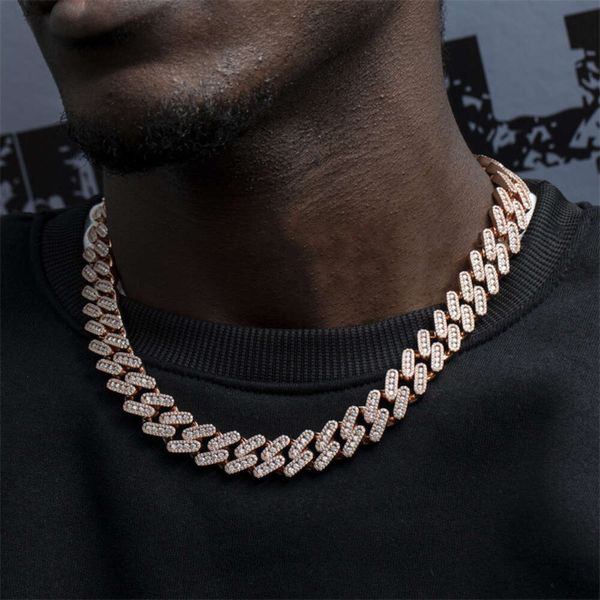 Hot Sale de 15mm Correntes de ouro rosa Rose Colar de hip hop Sier VVS Moissanite Cuban Link Chain