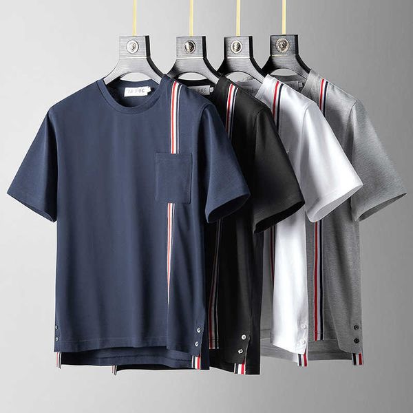 Trendy Pocket Red Bhite Blue Ribbon Stripe Pure Cotton Summer Short Shorted Thirt Cash Trendy Mens Couple