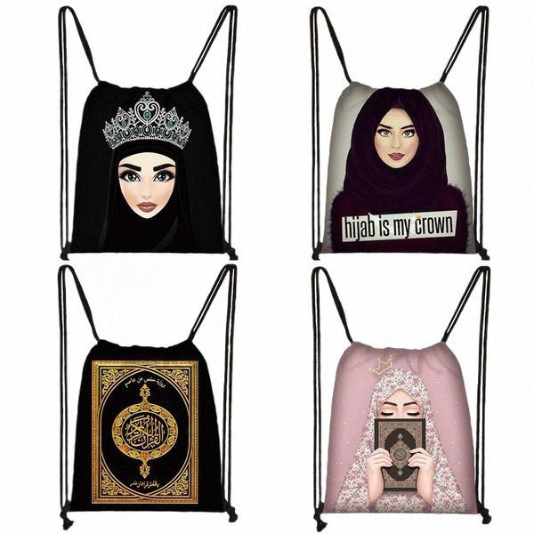 Hijab Face Muslim Islamic Gril Eyes Draw String Bag Frauen FI Storage Bag Shop Tasche Teenager Mädchen Bücher 35x55cm T64p#