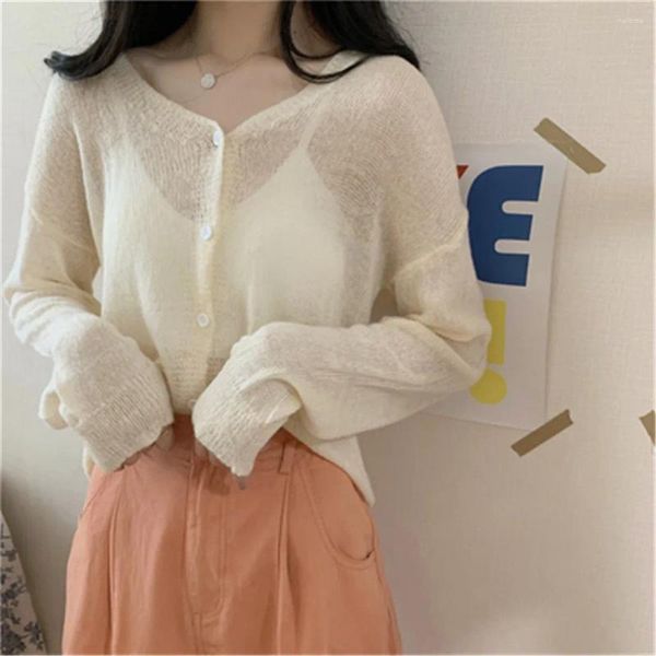 Women's Knits Women 2024 Summer Sigh Knit Mike Cardigan Condizionatore Air Crema a V Neck Long Long Maniche Female Cavalpa da maglieria