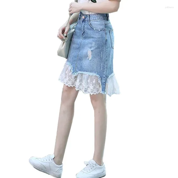 Signe Summer Womens Fashion Denim Skirt High Waist Mini Short Ladies A-Line Female Lace Edge A91