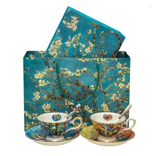 Xícaras picadas de pintura gogh design fino porcelana 2 pcs café e conjunto de chá de chá de cerâmica pires