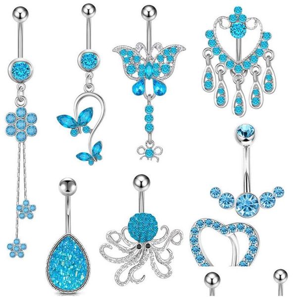 Obigo do botão do umbigo Aço inoxidável Cristal azul Octopus zircão Dangle Butterfly Sexy Body Body Jewelry Belly Ring para Dro DH9MB