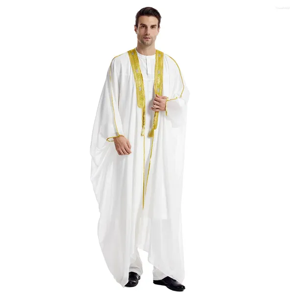 Ethnische Kleidung bestickte muslimische Männer mit langärmligen Bachelor-Kleid Jubba Thobe mit goldenen Perlen Chiffon Draping Qamis Homme Musulman