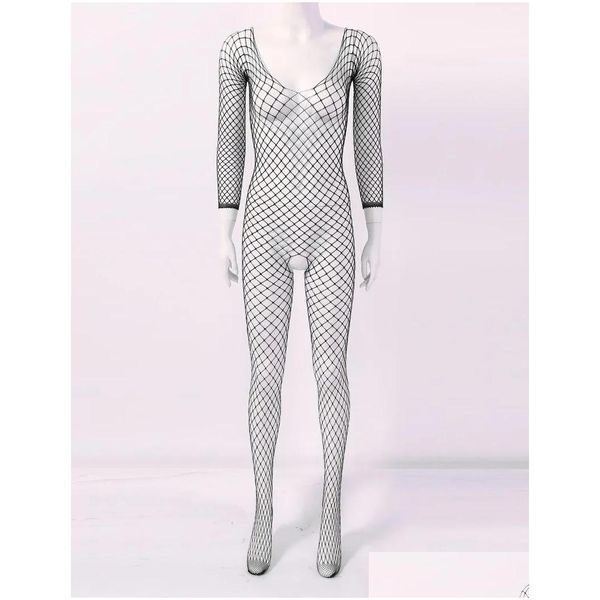 A peça de uma peça feminino oco Hollow Out Fishnet Bodysuit Lingerie Scoop pescoço mangas compridas macacão macio sem torcida