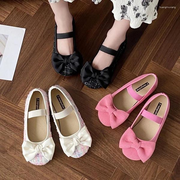 Sapatos casuais Luxury tweed ballet aparts woman brand design rosa veludo cotelinha bailarina ladies clássico bowknot elástico banda rasa