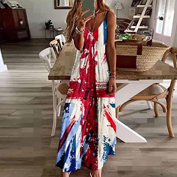 Lässige Kleider Frauen Independence Day Maxi Kleid am vierten Juli Lange weibliche Flagge Print Sommer Cami Robe Langzeit