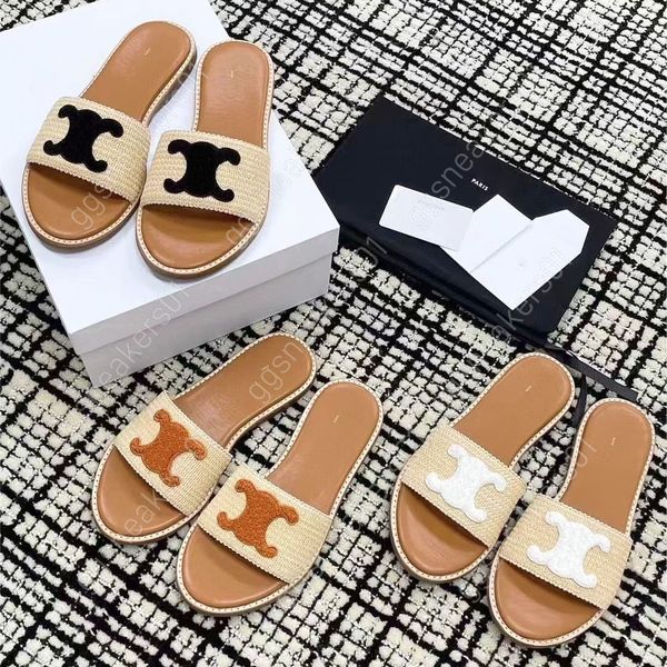 Designer de luxo sandália masculino feminino Multa de palha Teave slide externo mula interna sliders casuais sexy sliders plana sandale walk tamanho 35-40