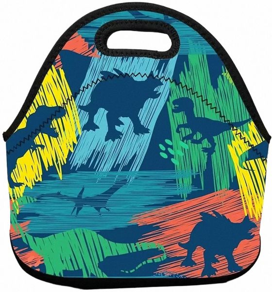 azul escuro com dinossauro neoprene bolsa de lancheira isolada térmica reutilizável lancheira de lancheira para meninos para meninos adolescentes piquenique 53i0#