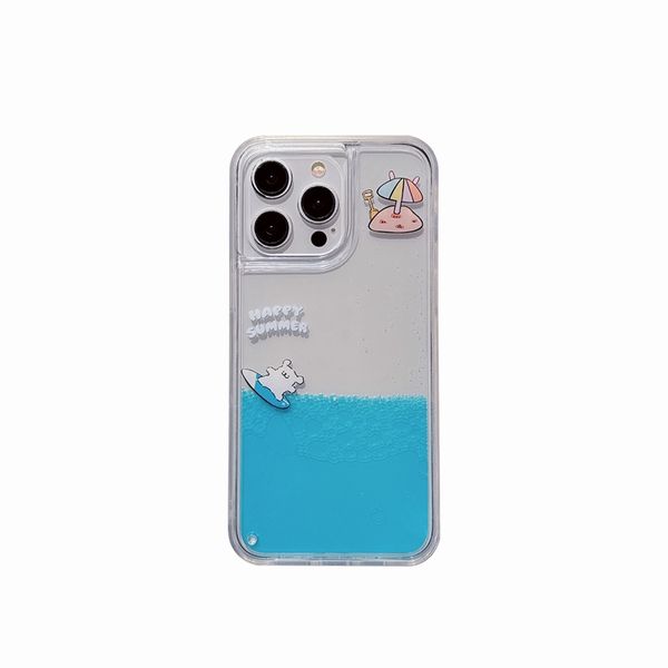 Sommer Surfing Dog Quicksand Hüllen für iPhone 15 plus 14 Pro Max 13 12 11 Cartoon süße schöne harte PC Acryl weiche TPU Flüssigkeit Bling Schwimmmobil zurück -Deckel Haut