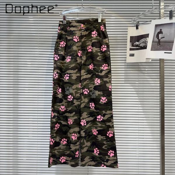Frauenhose Casual Camouflage Color Overalls Frauen 2024 Sommer Lose Mädchen hoher Taillieren rosa Bären gedruckte Hosen für Frauen