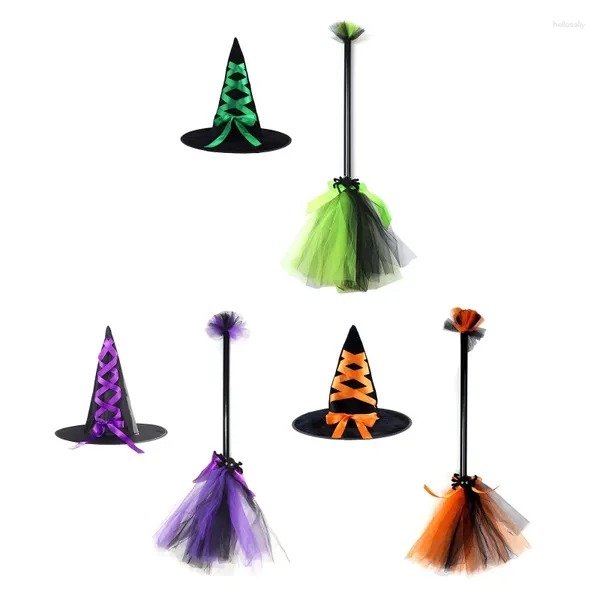 Boinas A2es vintage Magic Broom Hat Hat Set Set Festa de Halloween Acessórios assistentes de jogo para crianças adultos