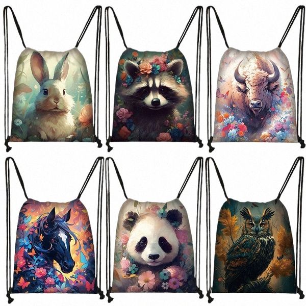 Tiere Wacco Horse Owl Draw String -Tasche Kawaii Panda Rucksäcke Outdoor -Reisetasche Schuhe Halter Teenager Buchbeutel Geschenke W7GE#