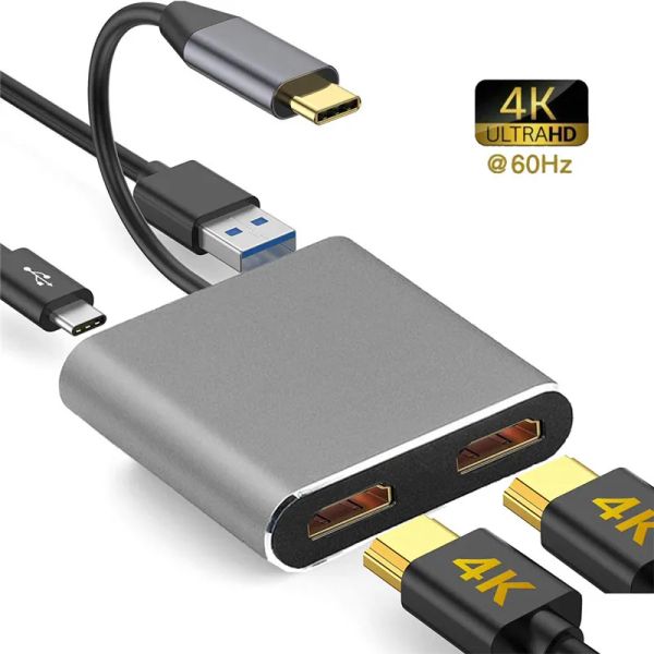 USB-C a 2XHDTV USB3.0 Tipo C 4 in 1 Adattatore ad alta velocità 4K 60Hz Risoluzione Supporto per MacBook Tablet LL