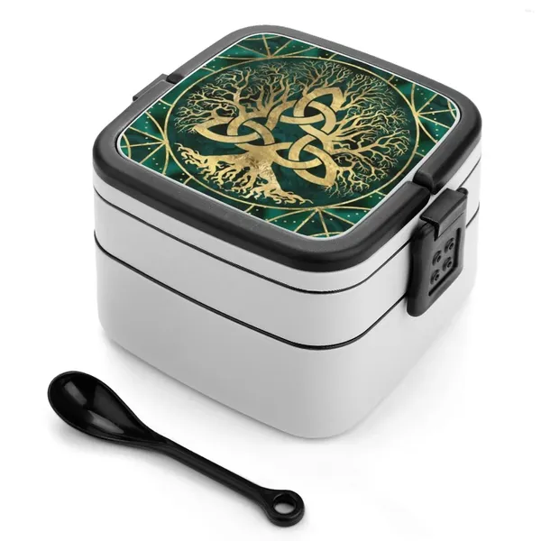 Dinnerware Tree of Life com Triquetra malaquita e Bento de Bento de Ouro portátil Lunch Straw Storage Storage NOT