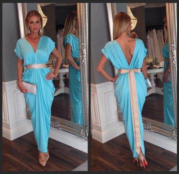 2019 elegante árabe kaftan dubai vestidos de noite longa de chiffon mangas curtas v ribbon sash barato vestidos de festa de noiva barato 3889195