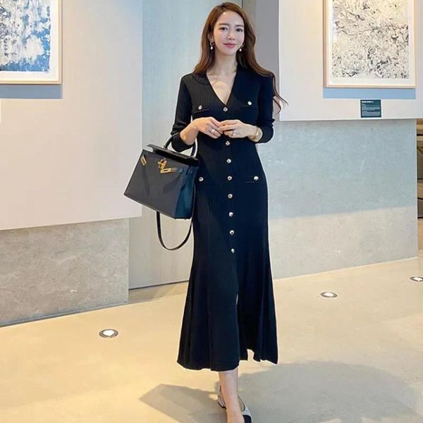 Lässige Kleider koreanische Mode -Meerjungfrau für Frauen elegante schlanke Party Langarm Maxi Kleid Frau Herbst Schwarz Strick Vestidos Z38