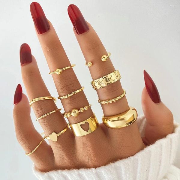 Ringos de cluster EN Gold Color Vintage Star Ring Conjunto 12pcs/set moda Heart for Women Girls Jewelry Party Gifts