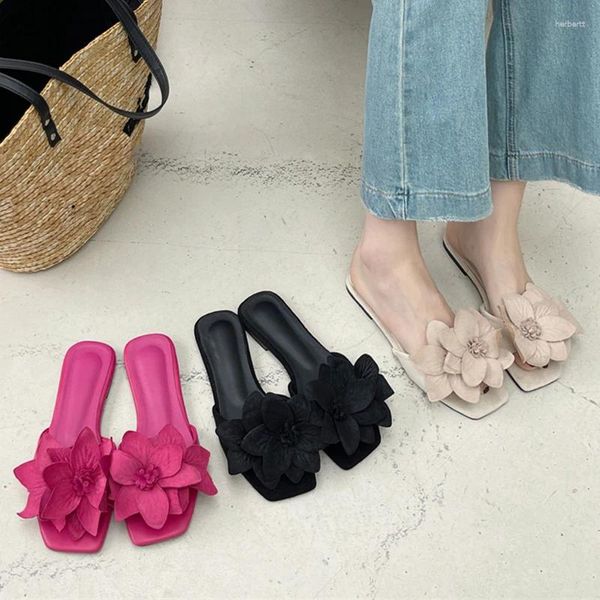 Slippers Aneikeh Summer Moda Faux Suede Flor Square Saltos planos para mulheres Sandals de fundo Slides de praia Zapatos