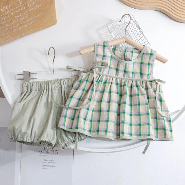 Roupas conjuntos infantil garotas meninas de verão traje xadrez verde pequeno hinte fresco corante