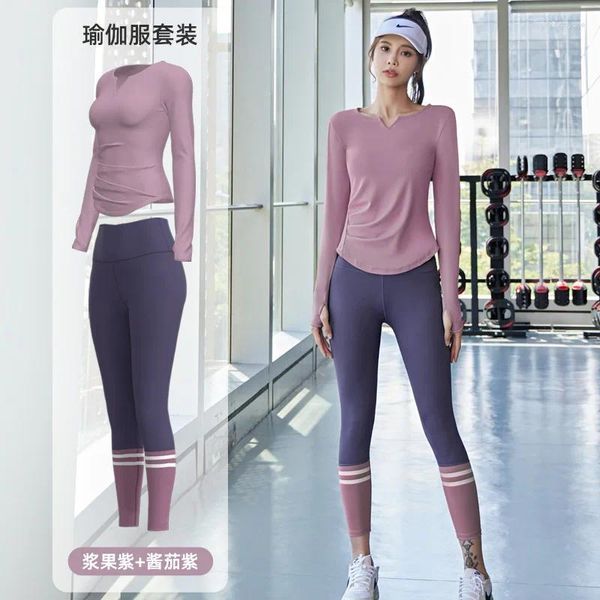 Magliette da donna fitness shirt da yoga da donna 2 pezzi set palestra giacca sportiva a manica lunga asciugatura rapida indossare tuta da corsa all'aperto per