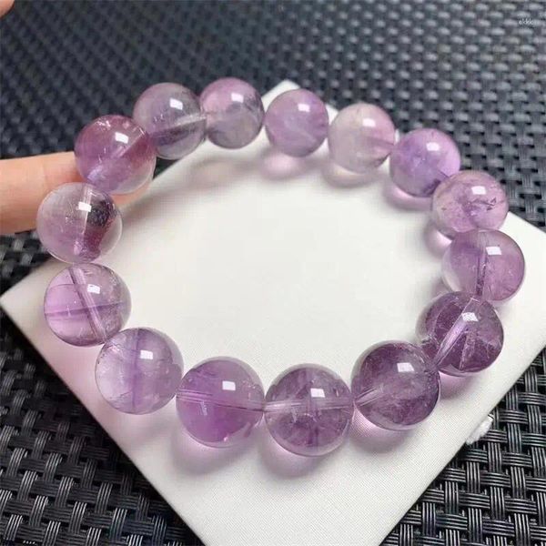 Braccialetti Link 15mm Bracciale per capelli viola naturale Donne Women Fashion Healing Crystal Round Beads Lovers Strand Jewelry