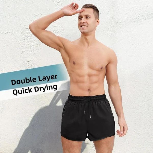 Calça de banho masculina shorts de natação calça dupla camada anti-awkward solto rápido seco de engrenagem de engrenagem de praia de baús de óculos de óculos zíper do zíper do zíper